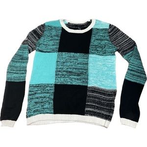 Forever 21 Teal Blue Black White Color Block Knit Sweater Small